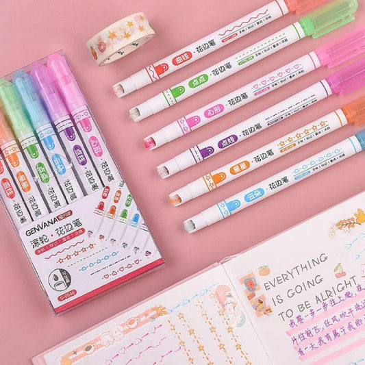 6 Colors Kawaii Roller Flower Heart Curve Line Highlighter Pens | First Open and Check Then Pay